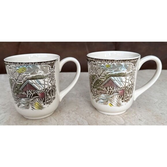 Vintage Johnson Bros The Friendly Village Covered Bridge Coffee Mugs Set of 2 - Picture 1 of 4